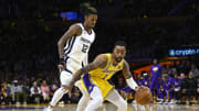 Apr 28, 2023; Los Angeles, California, USA; Los Angeles Lakers guard D'Angelo Russell (1) dribbles