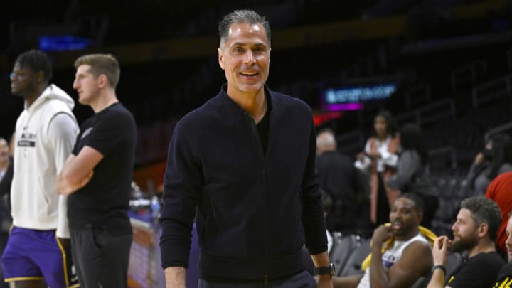 Apr 28, 2023; Los Angeles, California, USA; Los Angeles Lakers vice president of basketball operations and general manager Rob Pelinka looks on prior to game six of the 2023 NBA playoffs against the Memphis Grizzlies at Crypto.com Arena. Mandatory Credit: Jayne Kamin-Oncea-USA TODAY Sports