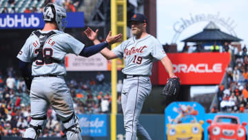 Aug 11, 2024; San Francisco, California, USA; Detroit Tigers catcher Dillon Dingler (38) celebrates with relief pitcher Will Vest (19) after a win against the San Francisco Giants at Oracle Park.