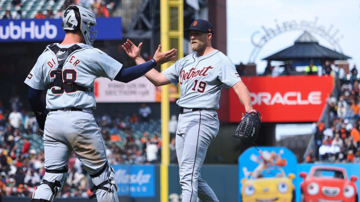 Aug 11, 2024; San Francisco, California, USA; Detroit Tigers catcher Dillon Dingler (38) celebrates with relief pitcher Will Vest (19) after a win against the San Francisco Giants at Oracle Park.