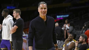 Apr 28, 2023; Los Angeles, California, USA; Los Angeles Lakers vice president of basketball operations and general manager Rob Pelinka looks on prior to game six of the 2023 NBA playoffs against the Memphis Grizzlies at Crypto.com Arena.