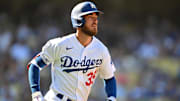 Oct 5, 2022; Los Angeles, California, USA; Los Angeles Dodgers center fielder Cody Bellinger (35) rounds the bases after hitting a solo home run in the seventh inning against the Colorado Rockies at Dodger Stadium. Mandatory Credit: Jayne Kamin-Oncea-Imagn Images