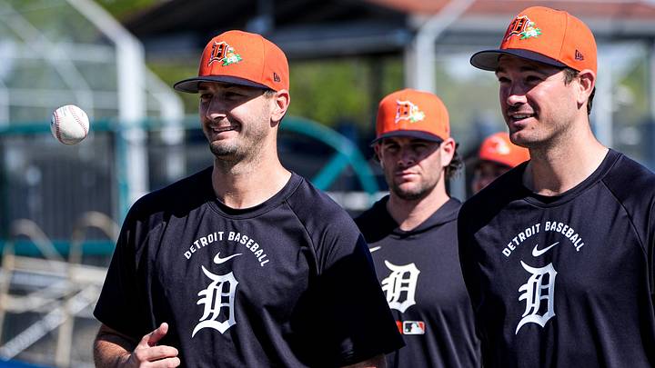 Detroit Tigers pitcher Burch Smith, left, and pitcher Drew Anderson, right, watch practice during spring training at TigerTown in Lakeland, Fla. on Friday, Feb. 20, 2026.