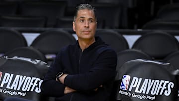Apr 28, 2023; Los Angeles, California, USA; Los Angeles Lakers vice president of basketball operations and general manager Rob Pelinka looks on prior to game six of the 2023 NBA playoffs against the Memphis Grizzlies at Crypto.com Arena. Mandatory Credit: Jayne Kamin-Oncea-Imagn Images