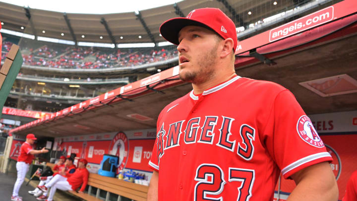 May 28, 2022; Anaheim, California, USA;  Los Angeles Angels center fielder Mike Trout (27) gets