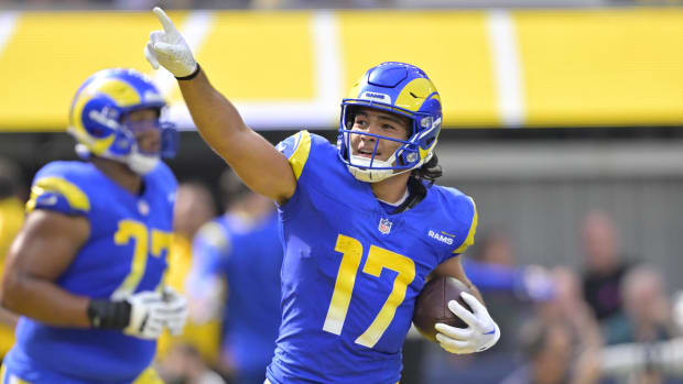 Oct 8, 2023; Inglewood, California, USA; Los Angeles Rams wide receiver Puka Nacua (17) celebrates after scoring a touchdown in the first half against the Philadelphia Eagles at SoFi Stadium. 