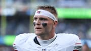 Nov 9, 2025; Seattle, Washington, USA; Arizona Cardinals tight end Trey McBride (85) looks on after the second quarter against the Seattle Seahawks at Lumen Field. Mandatory Credit: Kevin Ng-Imagn Images