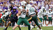 Oct 18, 2025; Fort Worth, Texas, USA; Baylor Bears quarterback Sawyer Robertson (13) stands in the pocket against the TCU Horned Frogs during the first half of a game at Amon G. Carter Stadium. Mandatory Credit: Raymond Carlin III-Imagn Images