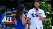 May 3, 2022; Los Angeles, CA, USA; LA Dodger pitcher Clayton Kershaw (right) is interviewed by Alanna Rizzo during the MLB All-Start Game launch event at Dodger Stadium. The launch event was to celebrate the first All-Star Game at Dodger Stadium in more than 40 years. Dodger Stadium was slated to host the MLB All-Star Game two years ago but it was cancelled because of the Covid-19 pandemic. 