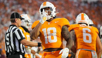 Tennessee running back DeSean Bishop (18) shushes the Mississippi State student section during a college football game between Tennessee and Mississippi State at Davis Wade Stadium in Starkville, Miss., on Sept. 27, 2025.