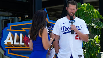 May 3, 2022; Los Angeles, CA, USA; LA Dodger pitcher Clayton Kershaw (right) is interviewed by Alanna Rizzo during the MLB All-Start Game launch event at Dodger Stadium. The launch event was to celebrate the first All-Star Game at Dodger Stadium in more than 40 years. Dodger Stadium was slated to host the MLB All-Star Game two years ago but it was cancelled because of the Covid-19 pandemic. 