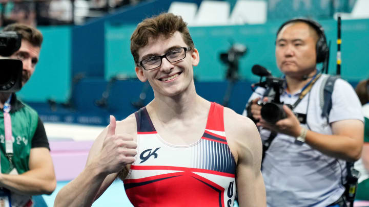 Stephen Nedoroscik of the United States gives a thumbs up after winning bronze on the pommel horse on the first day of the gymnastics event finals during the Paris 2024 Olympic Summer Games at Bercy Arena.