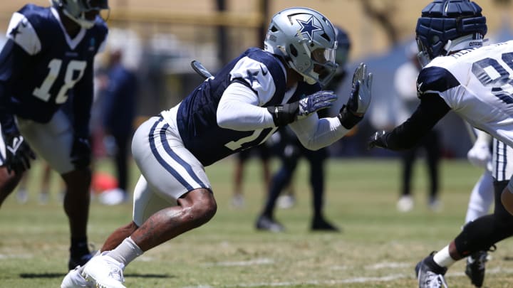 Jul 30, 2024; Oxnard, CA, USA; Dallas Cowboys linebacker Micah Parsons (11) rushes during training camp at the River Ridge Playing Fields in Oxnard, California. 