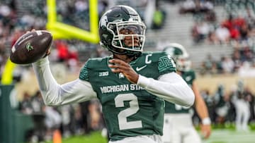 Michigan State Spartans quarterback Aidan Chiles (2) warms up before the NCAA football game against Ohio State University at Spartan Stadium in East Lansing, Saturday, Sept. 28, 2024.