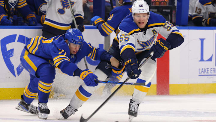Nov 14, 2024; Buffalo, New York, USA;  St. Louis Blues defenseman Colton Parayko (55) makes a pass as Buffalo Sabres right wing JJ Peterka (77) defends during the third period at KeyBank Center. Mandatory Credit: Timothy T. Ludwig-Imagn Images