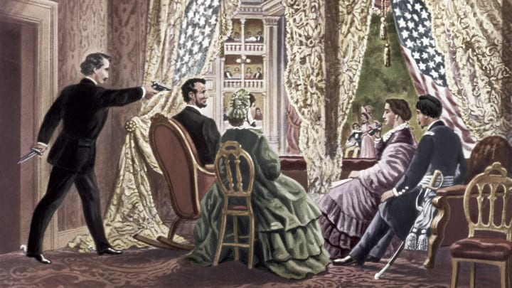 John Wilkes Booth shooting Abraham Lincoln, with Clara Harris and Henry Rathbone seated to the right of the president and first lady.