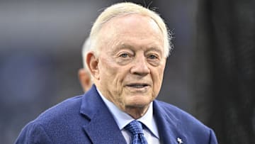 Sep 28, 2025; Arlington, Texas, USA; Dallas Cowboys owner Jerry Jones looks on before the game against the Green Bay Packers at AT&T Stadium. Mandatory Credit: Jerome Miron-Imagn Images