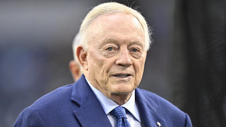Sep 28, 2025; Arlington, Texas, USA; Dallas Cowboys owner Jerry Jones looks on before the game against the Green Bay Packers at AT&T Stadium. Mandatory Credit: Jerome Miron-Imagn Images