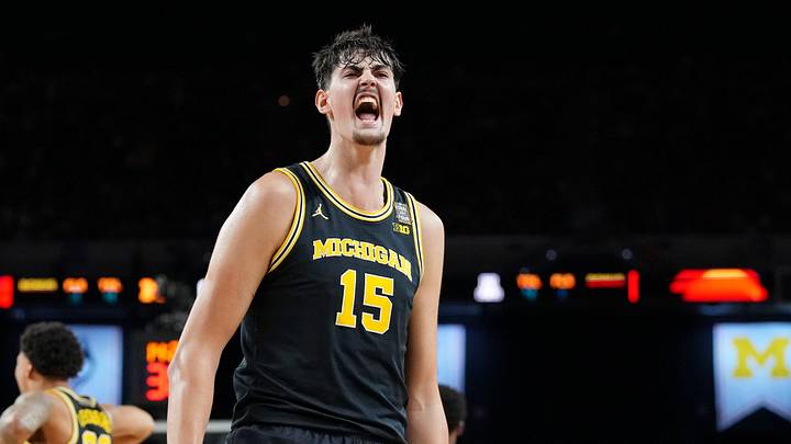 Apr 4, 2026; Indianapolis, IN, USA; Michigan Wolverines center Aday Mara (15) reacts after a play against the Arizona Wildcats during the first half in a semifinal of the Final Four of the men's 2026 NCAA Tournament at Lucas Oil Stadium. Mandatory Credit: Bob Donnan-Imagn Images