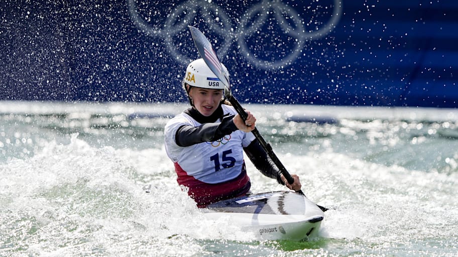 Evy Leibfarth competes in a canoe slalom event at the Paris Olympics.