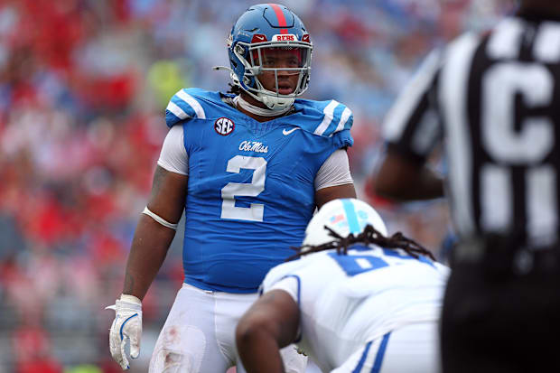 Ole Miss DT Walter Nolen waits for the snap during the second half against Kentucky
