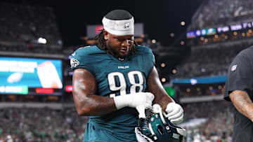 Sep 4, 2025; Philadelphia, Pennsylvania, USA; Philadelphia Eagles defensive tackle Jalen Carter (98) walks off the field after being ejected during the first quarter of the game against the Dallas Cowboys at Lincoln Financial Field. Mandatory Credit: Bill Streicher-Imagn Images