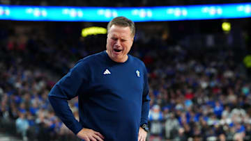 Nov 26, 2024; Las Vegas, Nevada, USA; Kansas Jayhawks head coach Bill Self reacts after a call during the first half against the Duke Blue Devils at T-Mobile Arena. Mandatory Credit: Stephen R. Sylvanie-Imagn Images