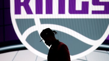 Jul 29, 2021; Brooklyn, New York, USA; Davion Mitchell (Baylor) walks off the stage after being selected as the number nine overall pick by the Sacramento Kings in the first round of the 2021 NBA Draft at Barclays Center. Mandatory Credit: Brad Penner-Imagn Images