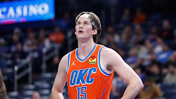 Dec 3, 2024; Oklahoma City, Oklahoma, USA; Oklahoma City Thunder center Branden Carlson (15) during the second half of an NBA Cup game against the Utah Jazz at Paycom Center. Mandatory Credit: Alonzo Adams-Imagn Images