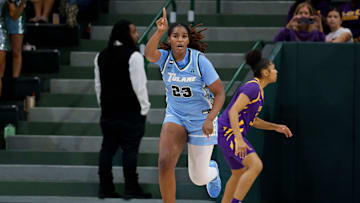 Nov 17, 2025; New Orleans, Louisiana, USA; Tulane Green Wave forward Amira Mabry (23) reacts after a score against the LSU Tigers during the first half at Avron B. Fogelman Arena in Devlin Fieldhouse. Mandatory Credit: Matthew Hinton-Imagn Images