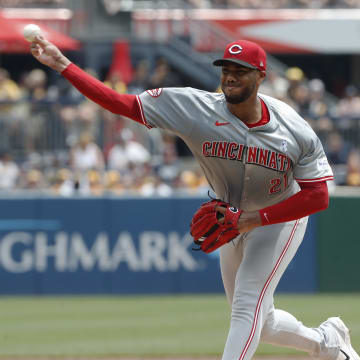 Jun 19, 2024; Pittsburgh, Pennsylvania, USA;  Cincinnati Reds starting pitcher Hunter Greene (21) delivers a pitch against the Pittsburgh Pirates during the first inning at PNC Park. Mandatory Credit: Charles LeClaire-USA TODAY Sports