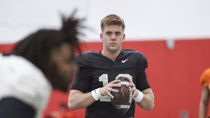 Dec 21, 2023; Houston, TX, USA;  Oklahoma State Cowboys quarterback Gunnar Gundy (12) practices at the University of Houston indoor Facility. Mandatory Credit: Troy Taormina-USA TODAY Sports