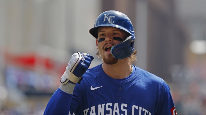 Aug 14, 2024; Minneapolis, Minnesota, USA; Kansas City Royals shortstop Bobby Witt (7) celebrates after hitting a solo home run against the Minnesota Twins in the third inning at Target Field.