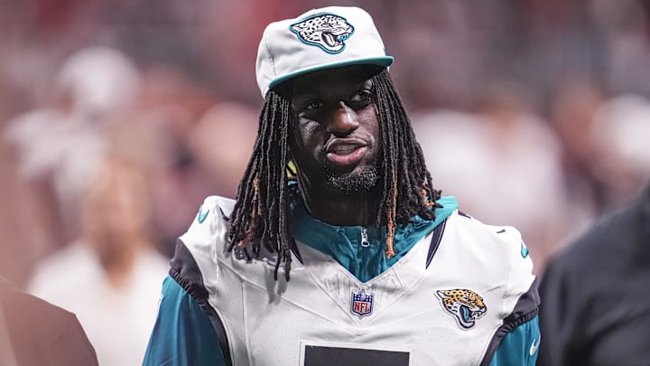 Aug 23, 2024; Atlanta, Georgia, USA; Jacksonville Jaguars wide receiver Brian Thomas Jr. (7) shown on the field against the Atlanta Falcons at Mercedes-Benz Stadium. Mandatory Credit: Dale Zanine-Imagn Images