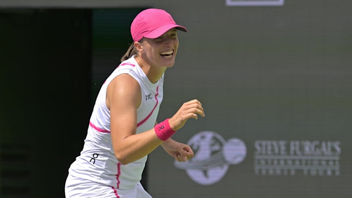 Mar 17, 2024; Indian Wells, CA, USA; Iga Swaitek (POL) celebrates at match point defeating Maria Sakkari (GRE) in the women’s final of the BNP Paribas open at the Indian Wells Tennis Garden. Mandatory Credit: Jayne Kamin-Oncea-Imagn Images Mar 17, 2024; Indian Wells, CA, USA; Iga Swaitek (POL) celebrates at match point defeating Maria Sakkari (GRE) in the women’s final of the BNP Paribas open at the Indian Wells Tennis Garden. Mandatory Credit: Jayne Kamin-Oncea-Imagn Images