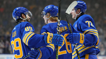 Apr 5, 2024; Buffalo, New York, USA;  Buffalo Sabres defenseman Rasmus Dahlin (26)ncelebrates his goal with teammates during the second period against the Philadelphia Flyers at KeyBank Center. Mandatory Credit: Timothy T. Ludwig-USA TODAY Sports