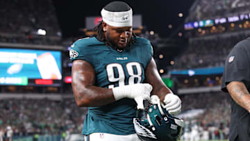 Sep 4, 2025; Philadelphia, Pennsylvania, USA; Philadelphia Eagles defensive tackle Jalen Carter (98) walks off the field after being ejected during the first quarter of the game against the Dallas Cowboys at Lincoln Financial Field. Mandatory Credit: Bill Streicher-Imagn Images