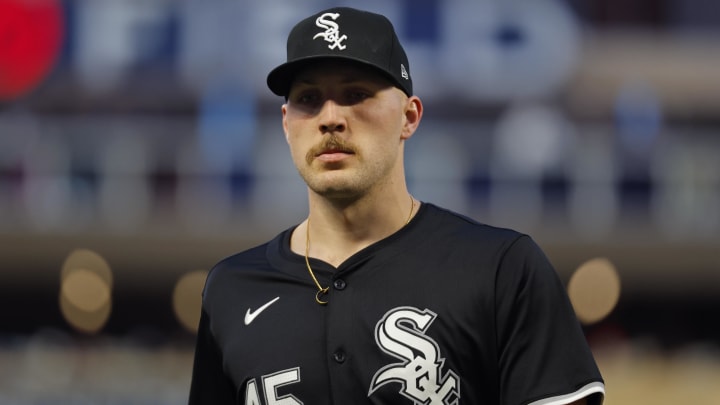 Apr 24, 2024; Minneapolis, Minnesota, USA; Chicago White Sox starting pitcher Garrett Crochet (45) leaves the field after throwing to the Minnesota Twins in the fifth inning at Target Field. Mandatory Credit: Bruce Kluckhohn-USA TODAY Sports