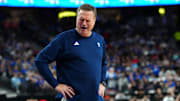 Nov 26, 2024; Las Vegas, Nevada, USA; Kansas Jayhawks head coach Bill Self reacts after a call during the first half against the Duke Blue Devils at T-Mobile Arena. Mandatory Credit: Stephen R. Sylvanie-Imagn Images