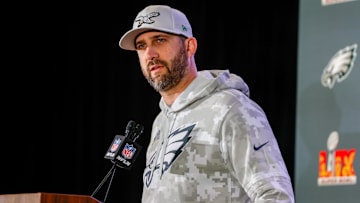 Feb 6, 2025; New Orleans, LA, USA;  Philadelphia Eagles head coach Nick Sirianni during a press conference in advance of Super Bowl LIX at New Orleans Marriott. Mandatory Credit: Stephen Lew-Imagn Images