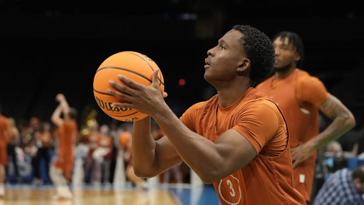 Mar 20, 2024; Charlotte, NC, USA; Texas Longhorns guard Max Abmas (3) during practice at Spectrum Center. Mandatory Credit: Bob Donnan-Imagn Images