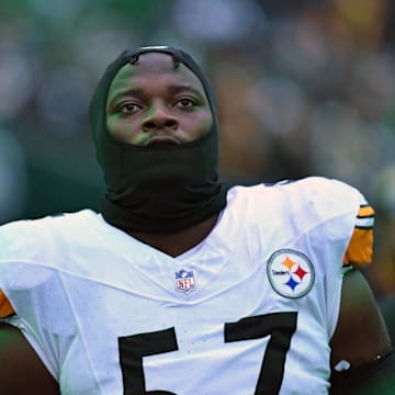 Dec 15, 2024; Philadelphia, Pennsylvania, USA; Pittsburgh Steelers defensive tackle Montravius Adams (57) on the sidelines against the Philadelphia Eagles at Lincoln Financial Field. Mandatory Credit: Eric Hartline-Imagn Images