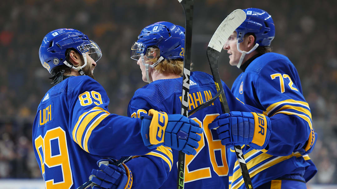 Apr 5, 2024; Buffalo, New York, USA;  Buffalo Sabres defenseman Rasmus Dahlin (26)ncelebrates his goal with teammates during the second period against the Philadelphia Flyers at KeyBank Center. Mandatory Credit: Timothy T. Ludwig-Imagn Images