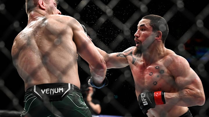 Robert Whittaker and Marvin Vettori during UFC Fight Night at Accor Arena. 