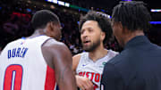 Mar 19, 2025; Miami, Florida, USA; Detroit Pistons guard Cade Cunningham (2) celebrates with center Jalen Duren (0) after the game against the Miami Heat at Kaseya Center. Mandatory Credit: Sam Navarro-Imagn Images
