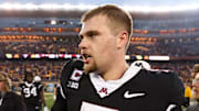 Nov 1, 2025; Minneapolis, Minnesota, USA; Minnesota Golden Gophers quarterback Drake Lindsey (5) celebrates his teams overtime win against the Michigan State Spartans at Huntington Bank Stadium. Mandatory Credit: Matt Krohn-Imagn Images