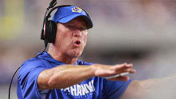 Kansas Jayhawks head coach Lance Leipold yells towards a referee during the game between Fresno State and Kansas at David Booth Kansas Memorial Stadium on Aug. 23, 2025.
