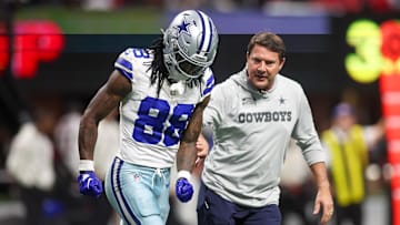Nov 3, 2024; Atlanta, Georgia, USA; Dallas Cowboys wide receiver CeeDee Lamb (88) leaves the game with an injury against the Atlanta Falcons in the fourth quarter at Mercedes-Benz Stadium. Mandatory Credit: Brett Davis-Imagn Images