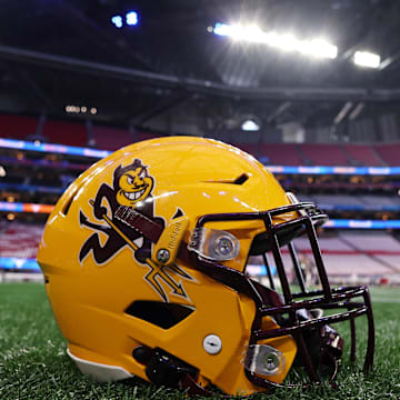 Jan 1, 2025; Atlanta, GA, USA; A detail view of an Arizona State Sun Devils helmet before the Peach Bowl at Mercedes-Benz Stadium. Mandatory Credit: Brett Davis-Imagn Images