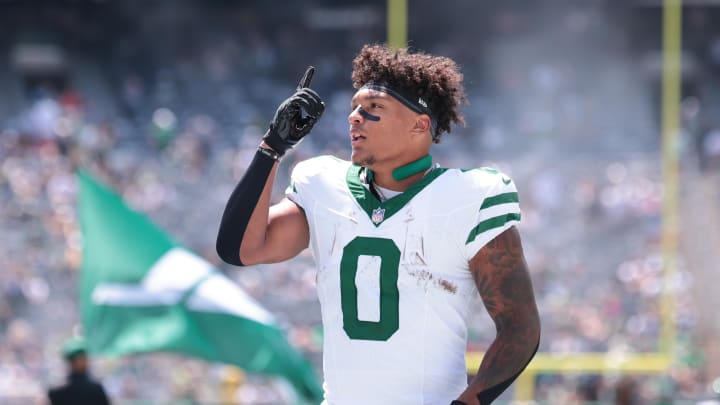 Aug 10, 2024; East Rutherford, New Jersey, USA; New York Jets running back Braelon Allen (0) before the game against the Washington Commanders at MetLife Stadium. Mandatory Credit: Vincent Carchietta-USA TODAY Sports